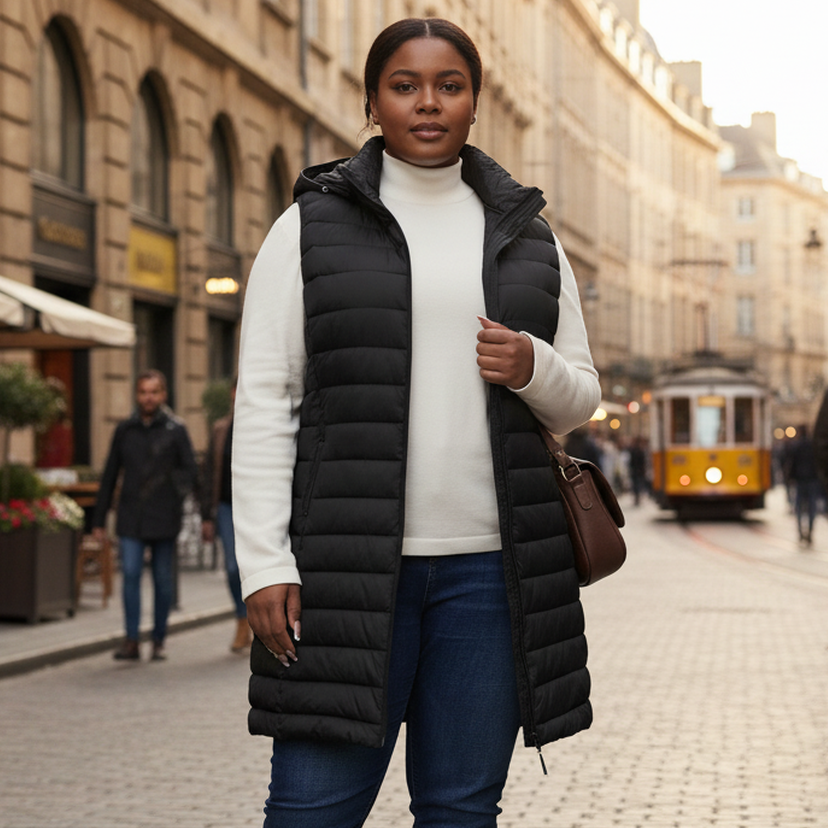 HHE plus size women's mid-length puffer vest in classic black, warm and comfortable sleeveless outerwear, worn outdoors in the city.