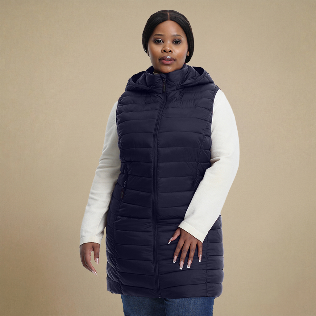 HHE plus size women's mid-length puffer vest in navy blue, warm and comfortable sleeveless outerwear, front view.