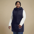 HHE plus size women's mid-length puffer vest in navy blue, warm and comfortable sleeveless outerwear, front view.