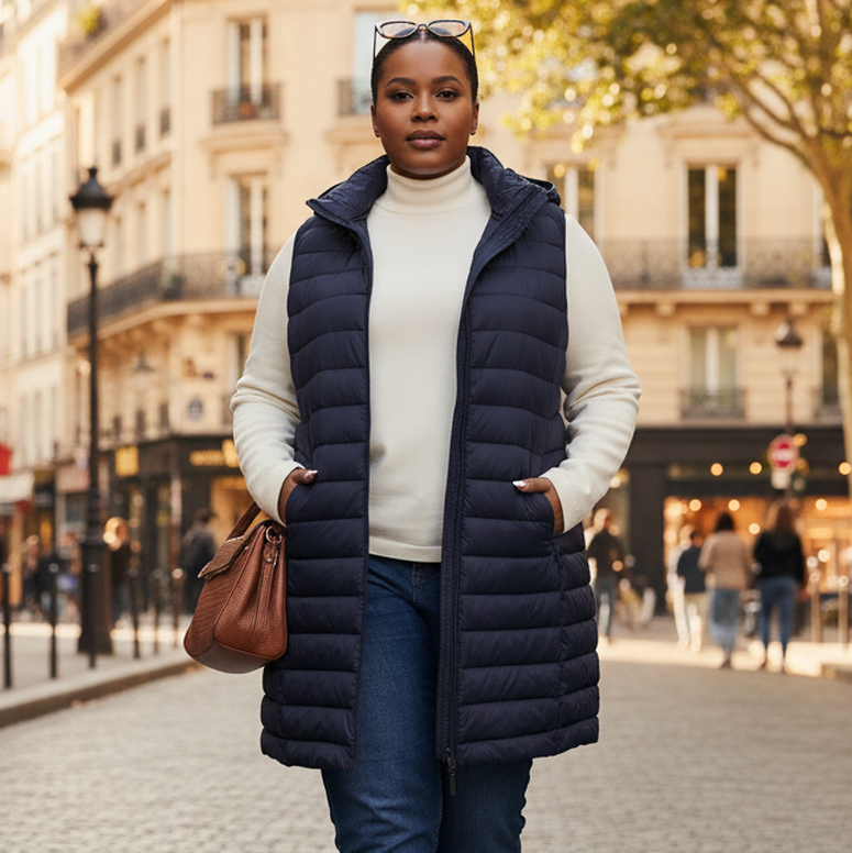 HHE plus size women's mid-length puffer vest in navy blue, warm and comfortable sleeveless outerwear, worn outdoors in the city.