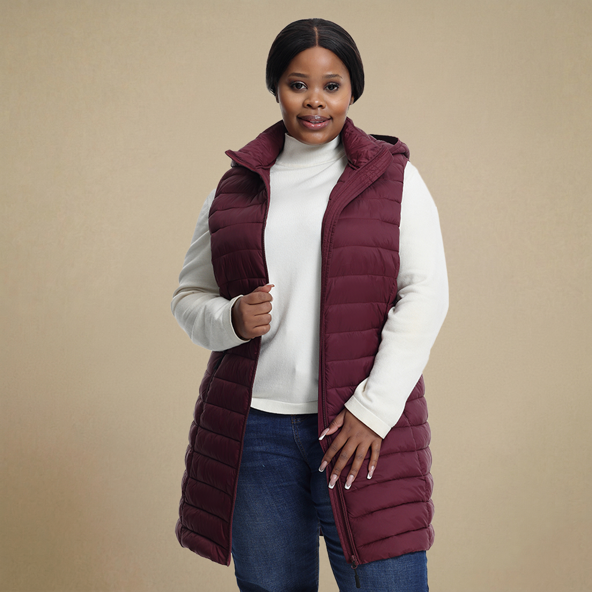 HHE plus size women's mid-length puffer vest in burgundy red, warm and comfortable sleeveless outerwear, front view.
