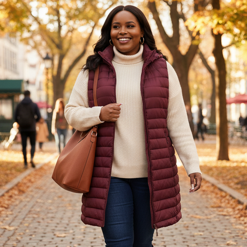 HHE plus size women's mid-length puffer vest in burgundy red, warm and comfortable sleeveless outerwear, worn outdoors in the city.