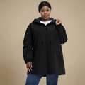 HHE plus size women's mid-length windproof jacket in black, comfortable waterproof and windproof outerwear, front view.