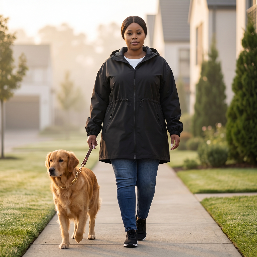 HHE plus size women's mid-length windproof jacket in black, comfortable waterproof outerwear, worn outdoors hiking in nature.