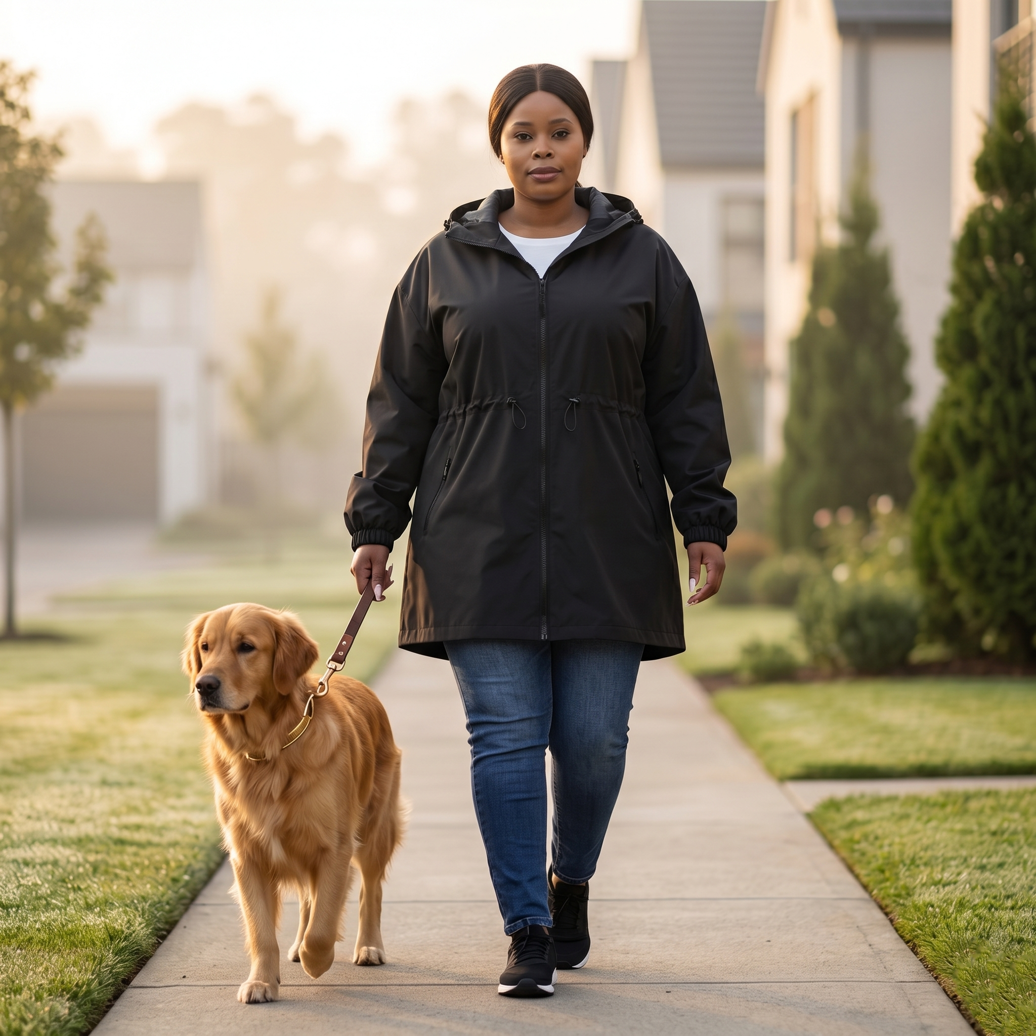 HHE plus size women's mid-length windproof jacket in black, comfortable waterproof outerwear, worn outdoors hiking in nature.