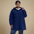 HHE plus size women's mid-length windproof jacket in blue, comfortable waterproof and windproof outerwear, front view.