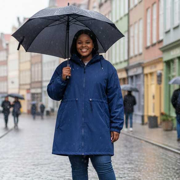 HHE plus size women's mid-length windproof jacket in blue, comfortable outerwear worn outdoors in the rain .