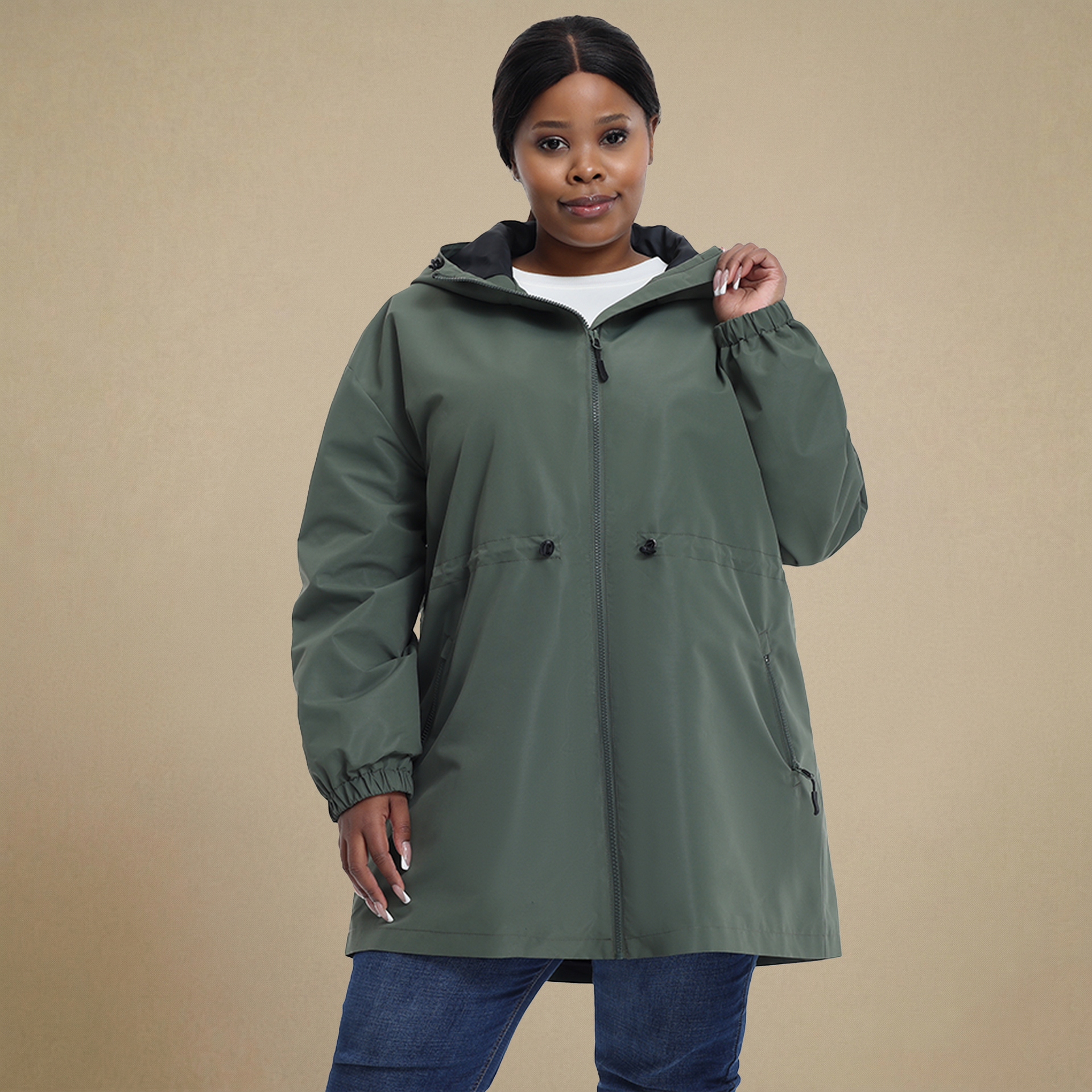 The Mid-length Lightweight Drawstring Windbreaker - Plus Size