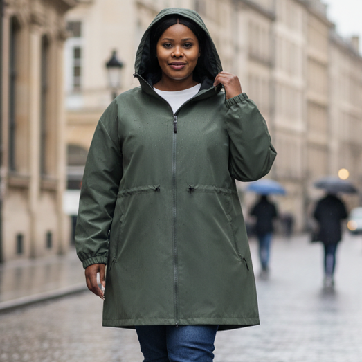 HHE plus size women's mid-length windproof jacket in olive green, comfortable outerwear worn outdoors in the city.