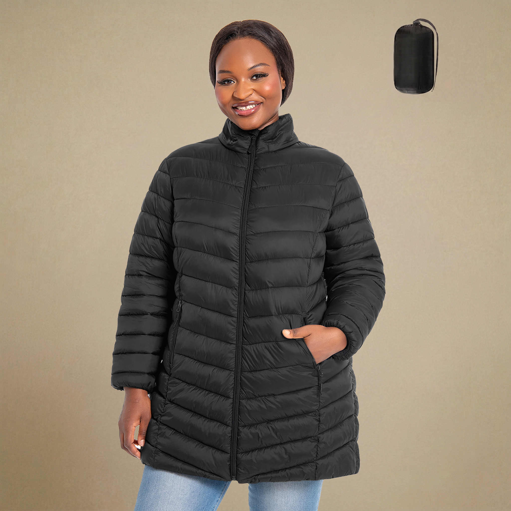 HHE plus size women's packable puffer coat in classic black, warm and comfortable outerwear, front view.