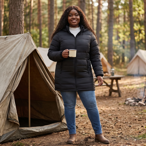 HHE plus size women's packable puffer coat in classic black, warm and comfortable travel outerwear, worn outdoors at a campsite holding a mug.
