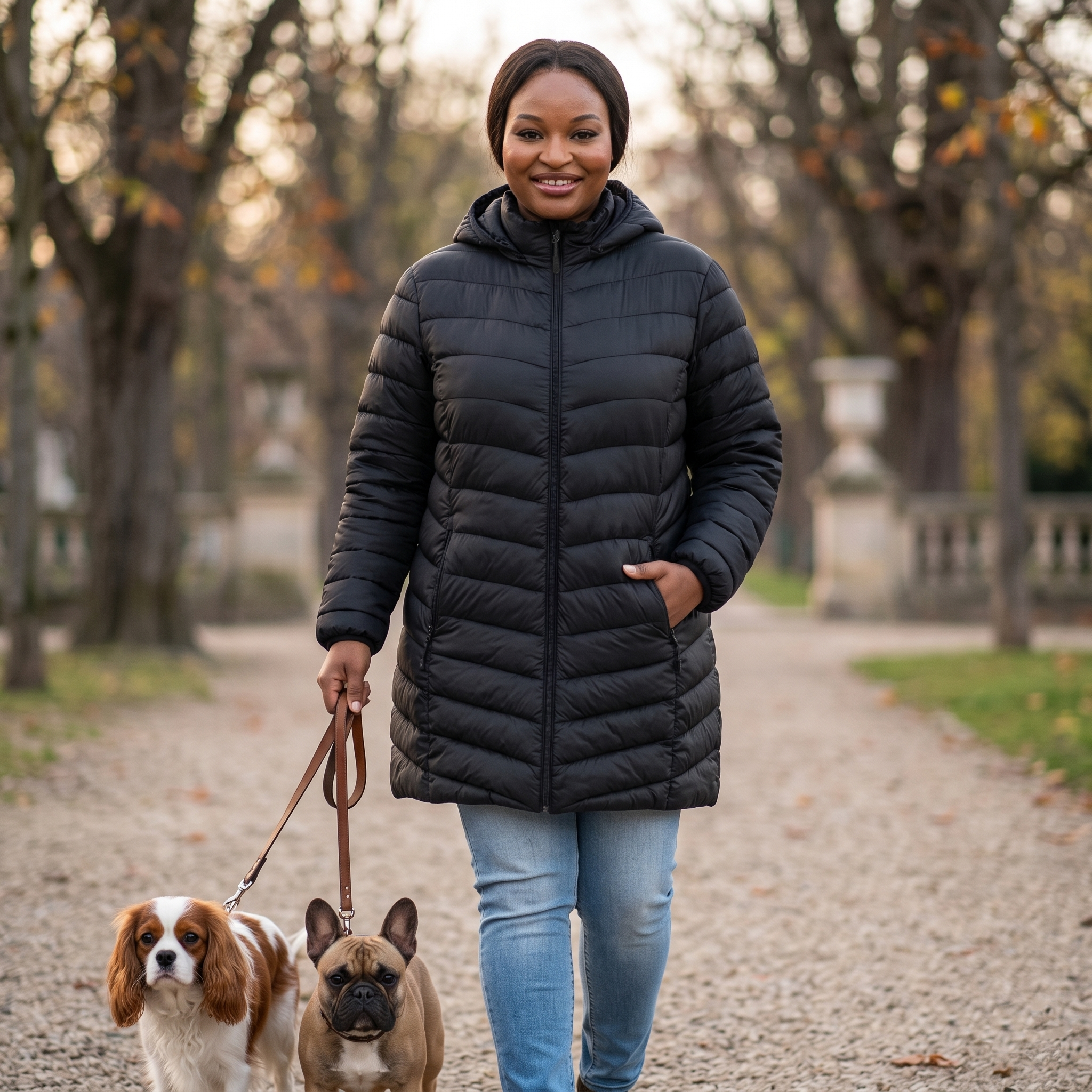 HHE plus size women's packable puffer coat in classic black, warm and comfortable everyday wear, worn outdoors walking a dog.