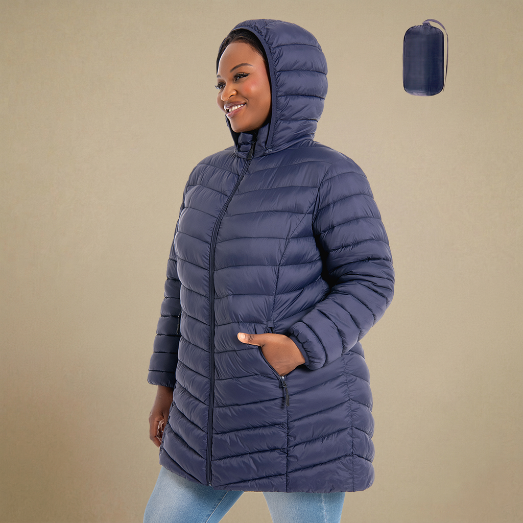 HHE plus size women's packable puffer coat in navy blue, warm and comfortable hooded outerwear, front view.