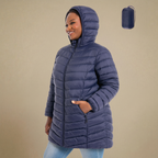 HHE plus size women's packable puffer coat in navy blue, warm and comfortable hooded outerwear, front view.