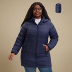 HHE plus size women's packable puffer coat in navy blue, warm and comfortable outerwear, front view.