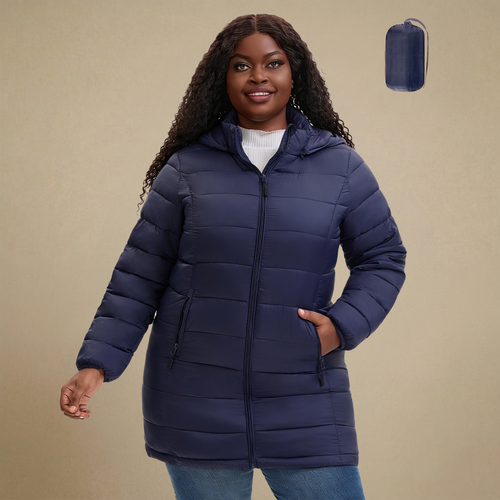 HHE plus size women's packable puffer coat in navy blue, warm and comfortable outerwear, front view.