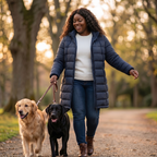 HHE plus size women's packable puffer coat in navy blue, warm and comfortable everyday wear, worn outdoors walking a dog in the park.