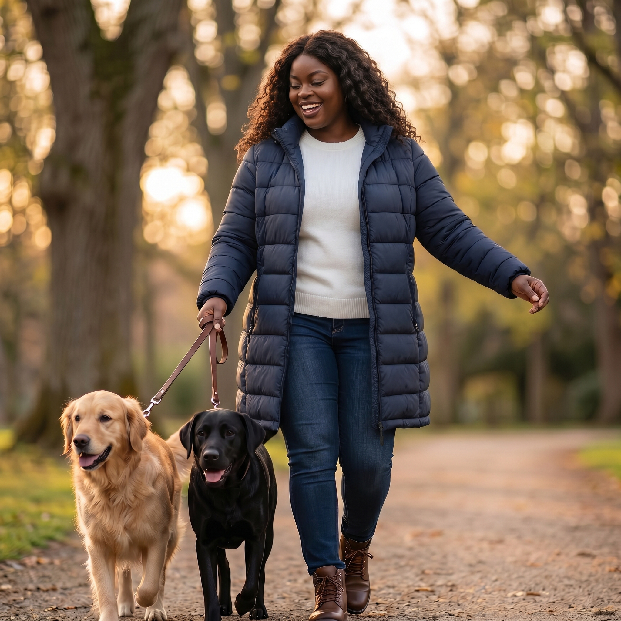 HHE plus size women's packable puffer coat in navy blue, warm and comfortable everyday wear, worn outdoors walking a dog in the park.