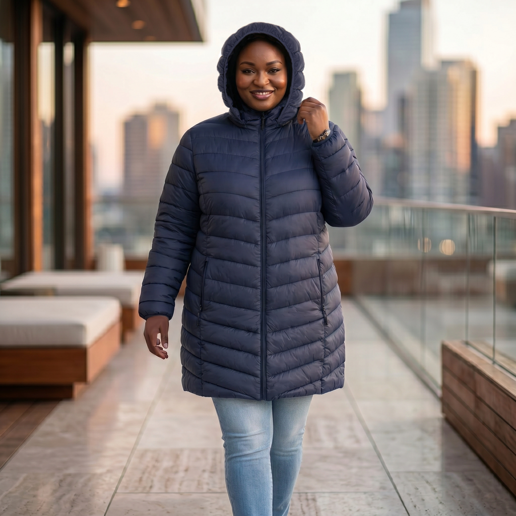 HHE plus size women's packable puffer coat in navy blue, warm and comfortable everyday outerwear, worn outdoors in the city.