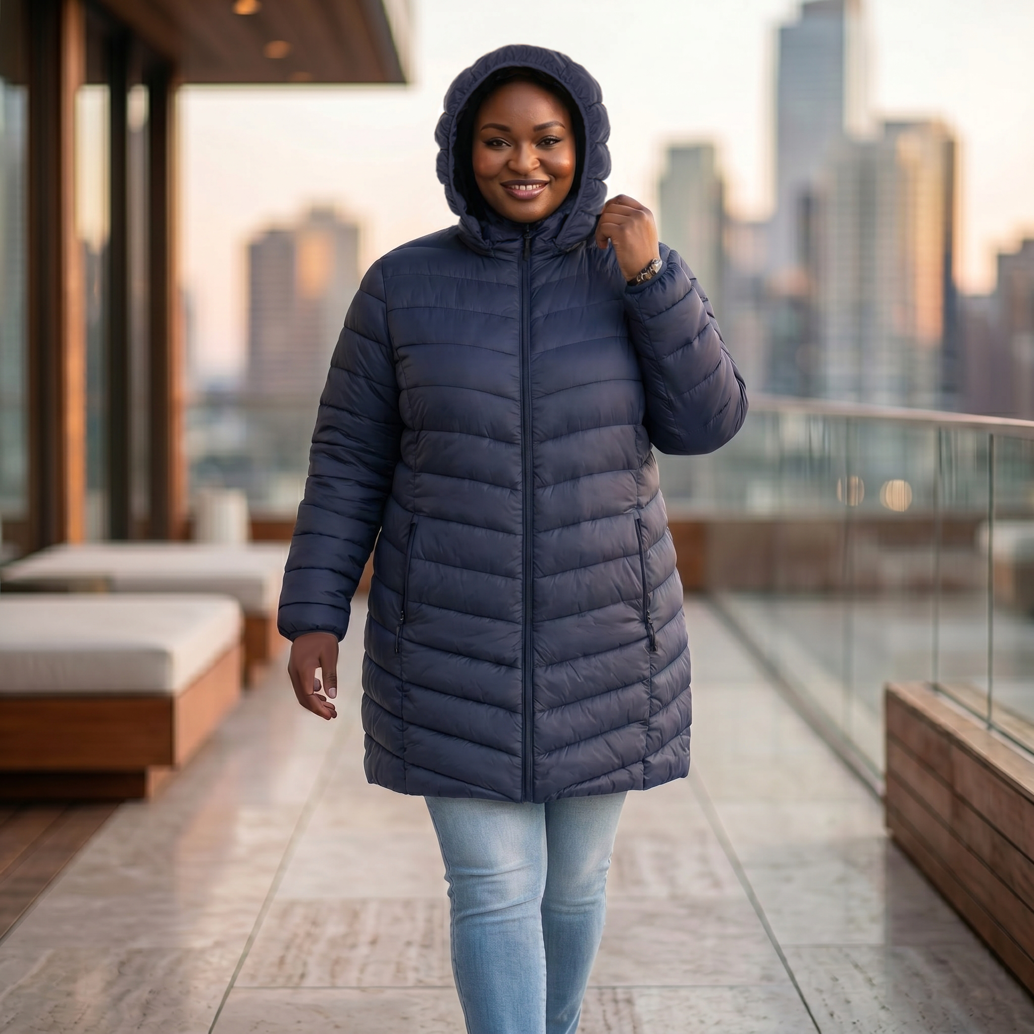 HHE plus size women's packable puffer coat in navy blue, warm and comfortable everyday outerwear, worn outdoors in the city.