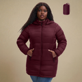 HHE plus size women's packable puffer coat in burgundy red, warm and comfortable outerwear, front view.