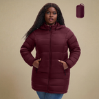 HHE plus size women's packable puffer coat in burgundy red, warm and comfortable outerwear, front view.