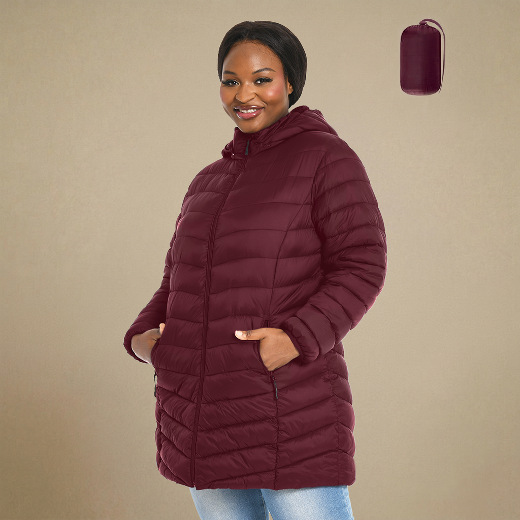 HHE plus size women's packable puffer coat in burgundy red, warm and comfortable outerwear, front view.
