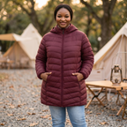 HHE plus size women's packable puffer coat in burgundy red, warm and comfortable travel outerwear, worn outdoors at a campsite.
