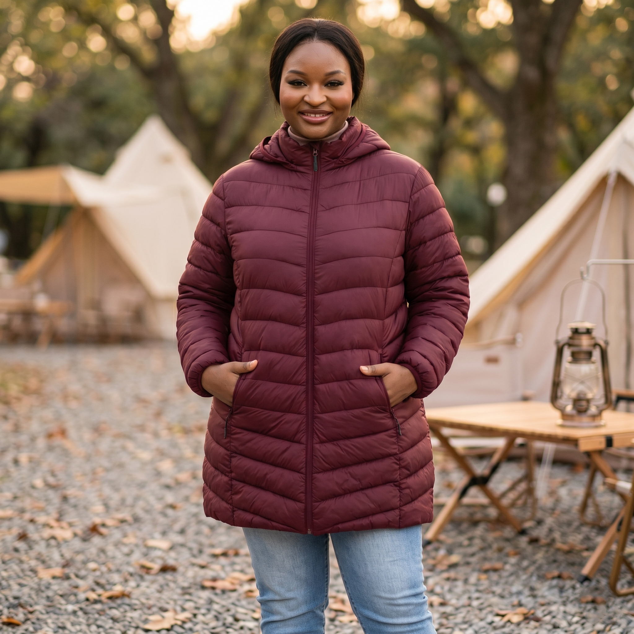 HHE plus size women's packable puffer coat in burgundy red, warm and comfortable travel outerwear, worn outdoors at a campsite.