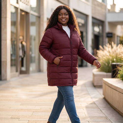 HHE plus size women's packable puffer coat in burgundy red, warm and comfortable everyday wear, model walking on a city street.