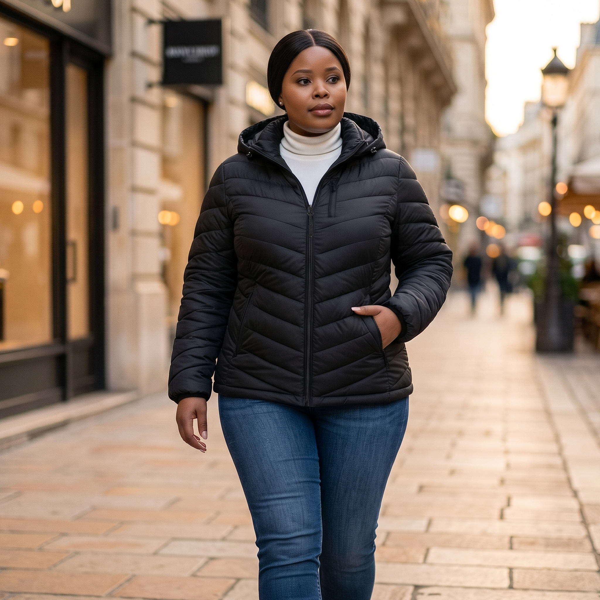 HHE plus size women's packable puffer jacket in classic black, warm and comfortable functional everyday wear, worn outdoors on a daily commute.