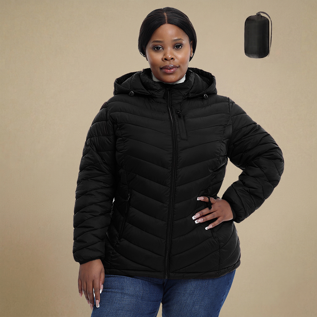 HHE plus size women's packable puffer jacket in classic black, warm and comfortable functional outerwear, front display.