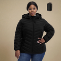 HHE plus size women's packable puffer jacket in classic black, warm and comfortable functional outerwear, front display.
