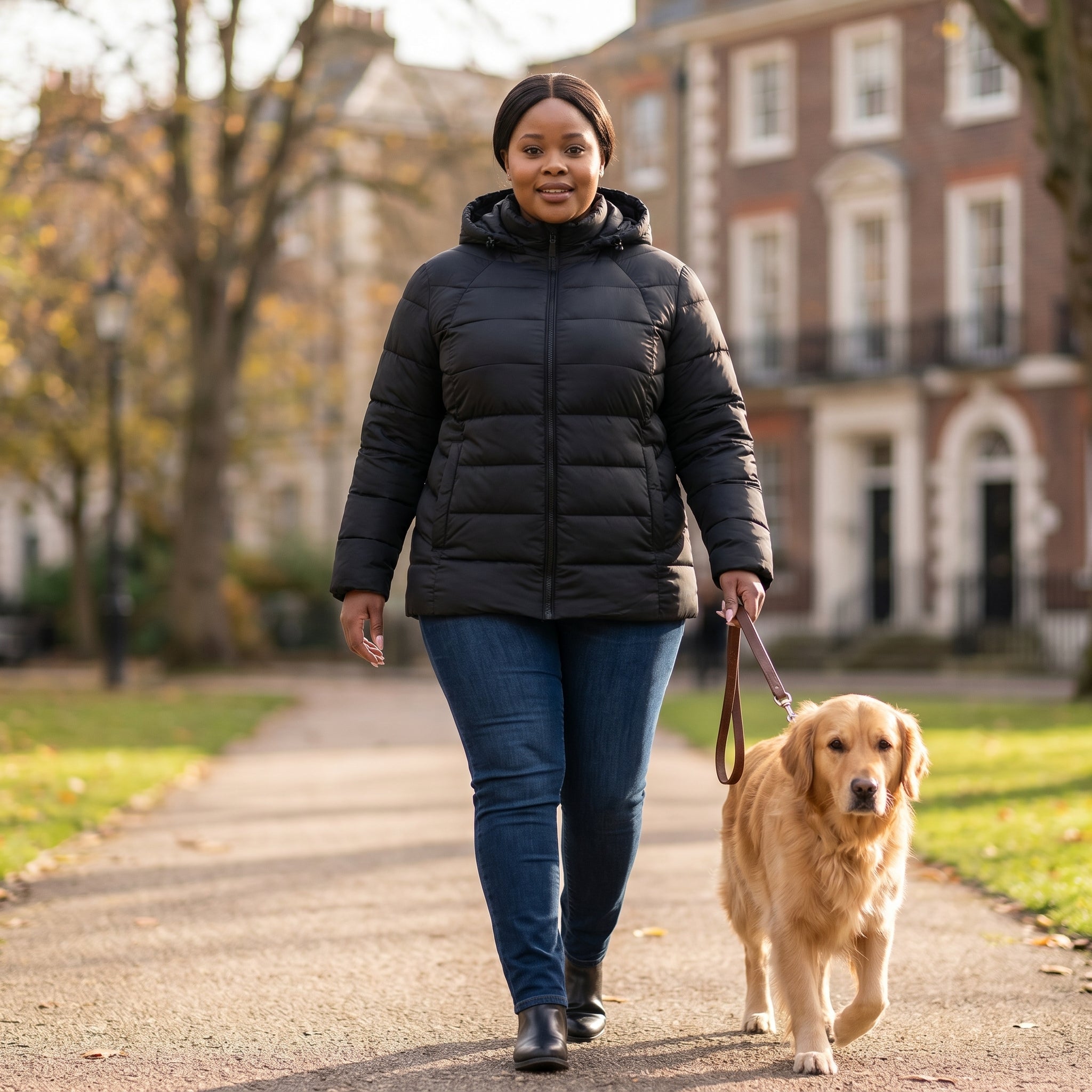 HHE plus size women's packable puffer jacket in classic black, warm and comfortable functional everyday wear, worn outdoors walking a dog.