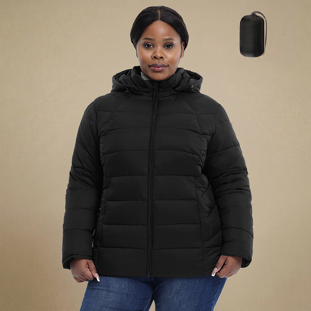 "HHE plus size women's packable puffer jacket in classic black, shown with matching storage bag, warm and comfortable functional outerwear."