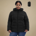 "HHE plus size women's packable puffer jacket in classic black, shown with matching storage bag, warm and comfortable functional outerwear."