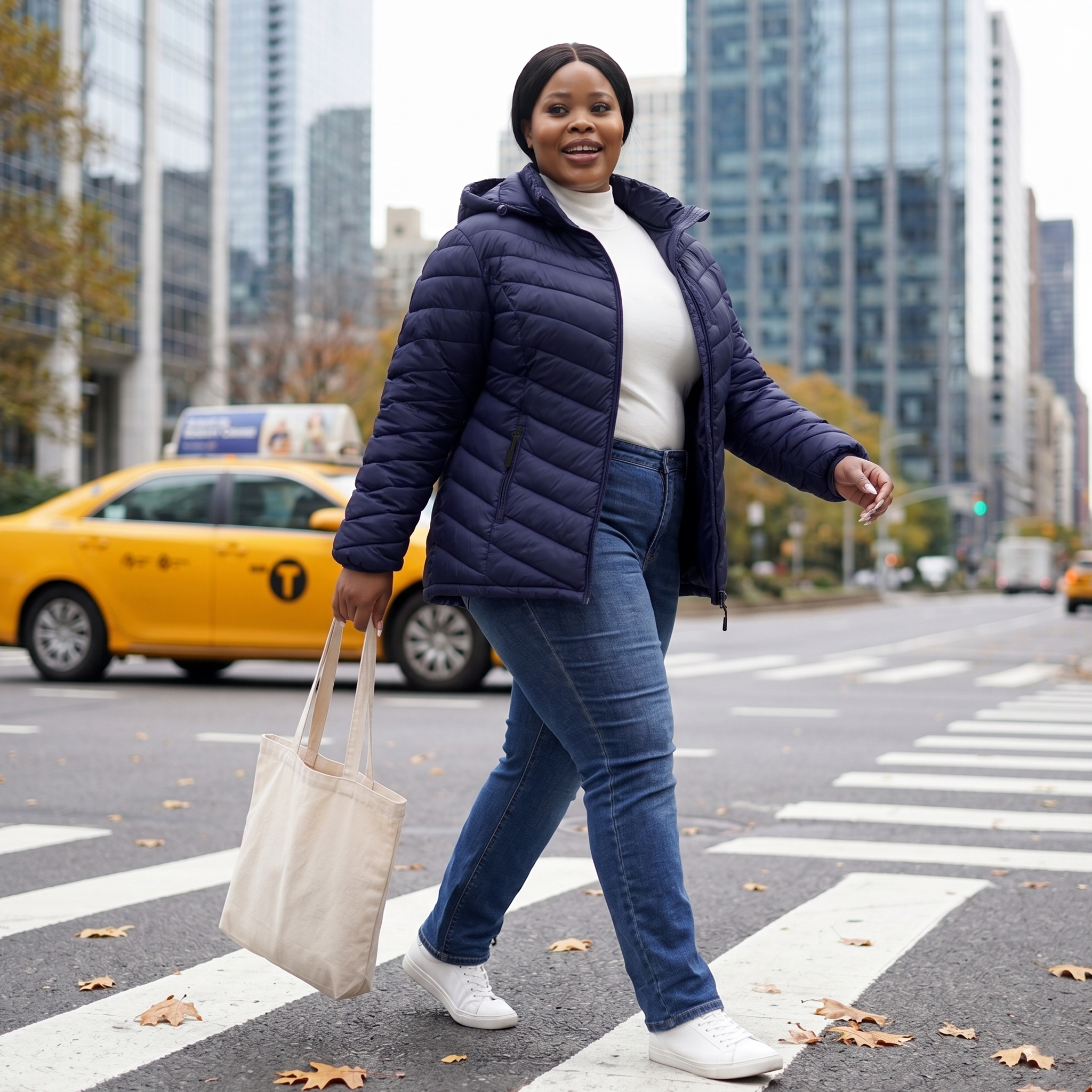 HHE plus size women's packable puffer jacket in navy blue, warm and comfortable functional everyday wear, worn outdoors crossing a city street.