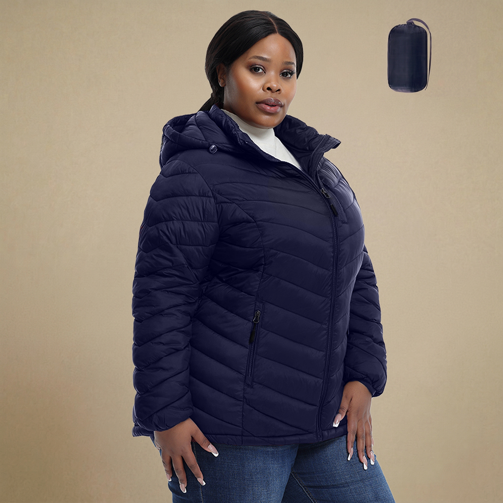 HHE plus size women's packable puffer jacket in navy blue, warm and comfortable functional outerwear, front view.