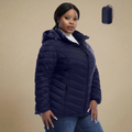 HHE plus size women's packable puffer jacket in navy blue, warm and comfortable functional outerwear, front view.