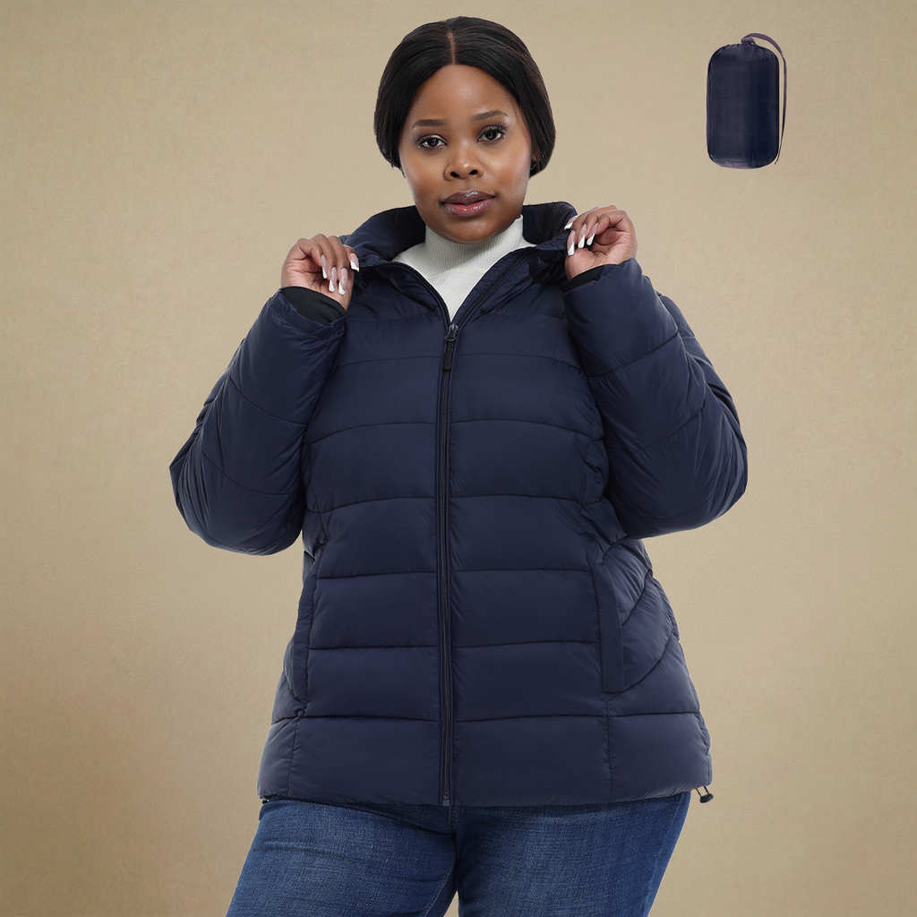 HHE plus size women's packable puffer jacket in navy blue, warm and comfortable functional outerwear, front view.