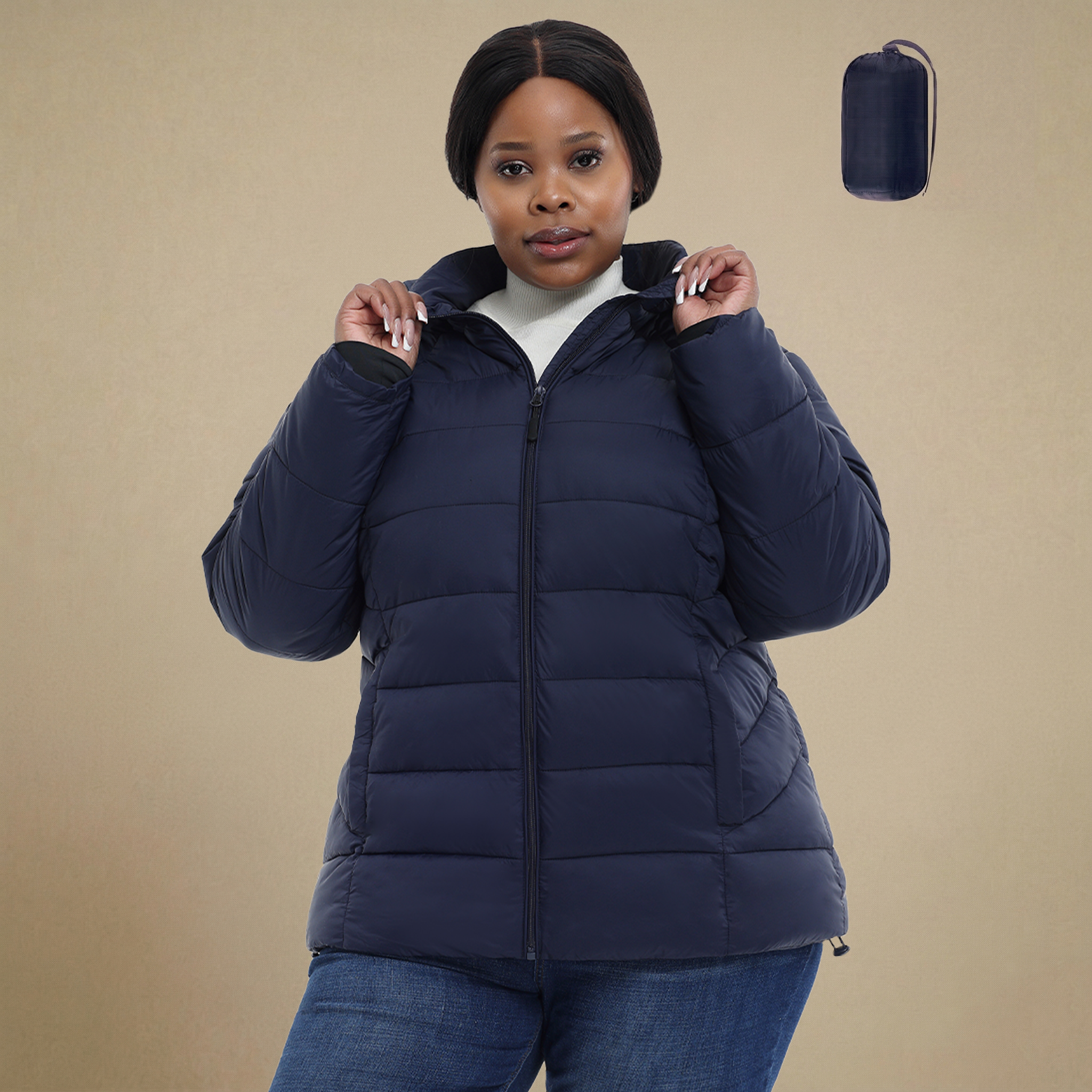 HHE plus size women's packable puffer jacket in navy blue, warm and comfortable functional outerwear, front view.