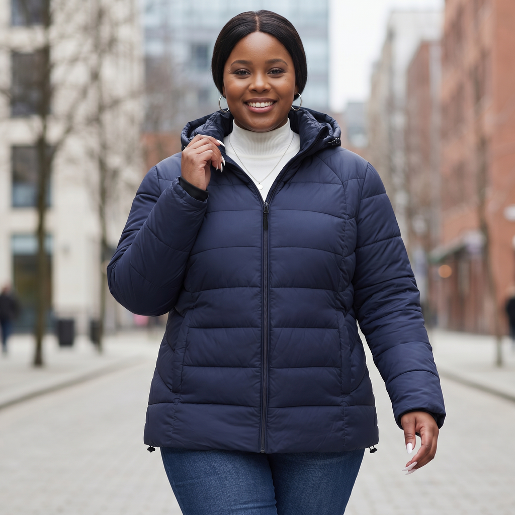 HHE plus size women's packable puffer jacket in navy blue, warm and comfortable functional everyday wear, worn outdoors walking on a city street.
