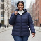 HHE plus size women's packable puffer jacket in navy blue, warm and comfortable functional everyday wear, worn outdoors walking on a city street.