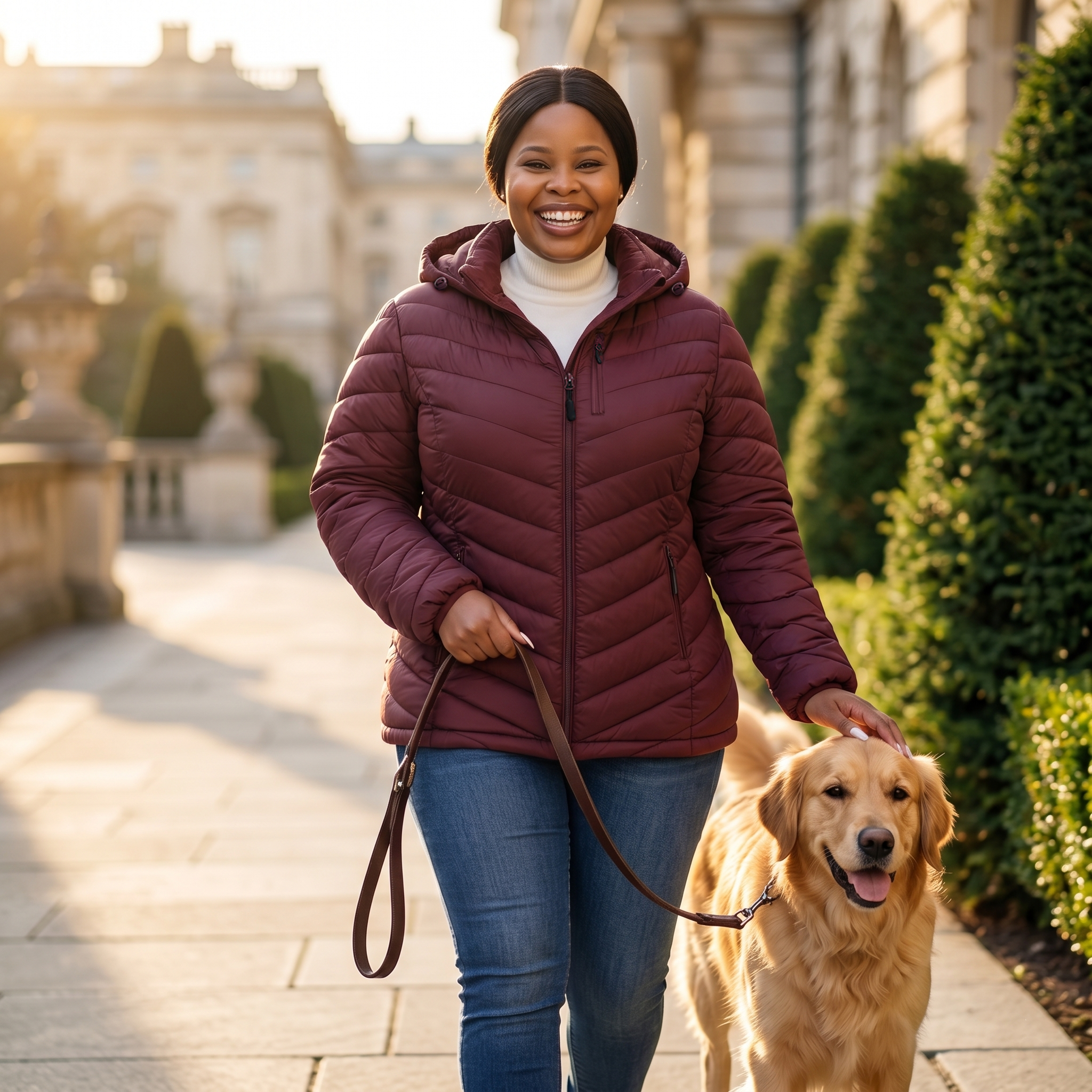 HHE plus size women's packable puffer jacket in burgundy red, warm and comfortable functional everyday wear, worn outdoors walking a dog.