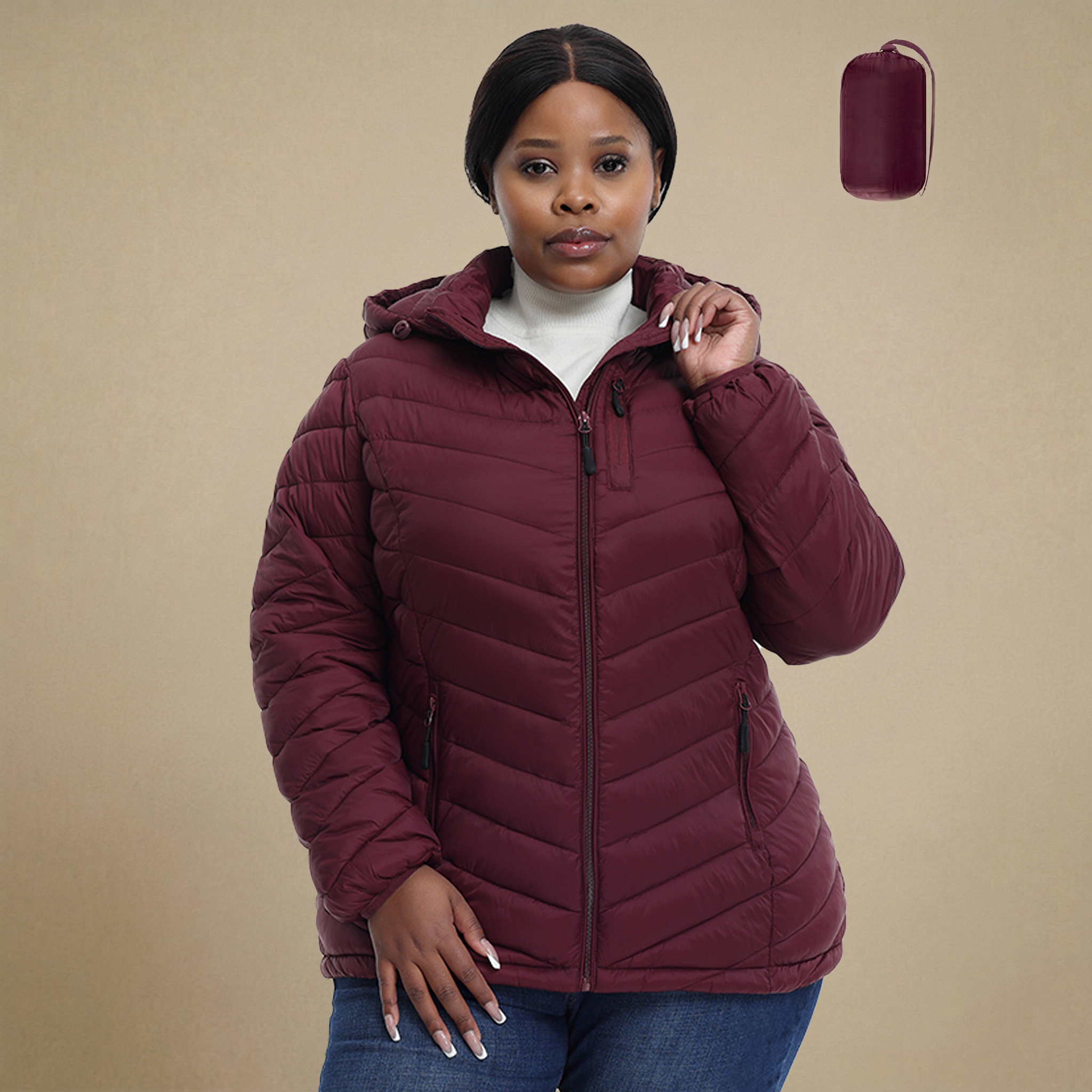HHE plus size women's packable puffer jacket in burgundy red, warm and comfortable functional outerwear, front display.