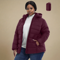 HHE plus size women's packable puffer jacket in burgundy red, warm and comfortable functional outerwear, front view.