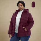 HHE plus size women's packable puffer jacket in burgundy red, warm and comfortable functional outerwear, front view.