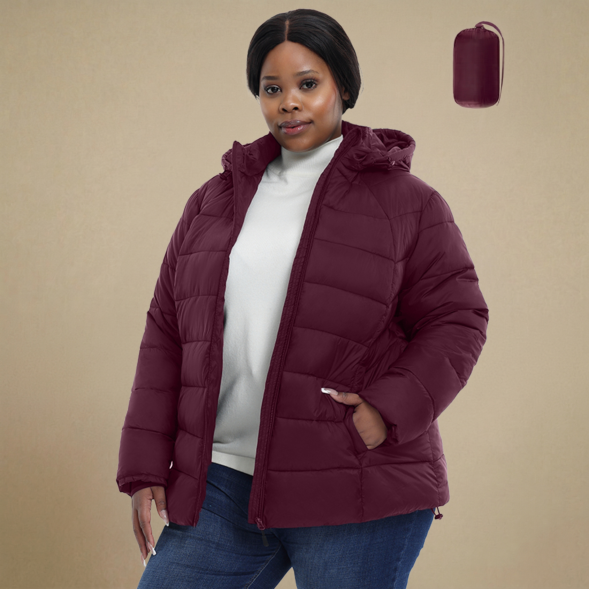 HHE plus size women's packable puffer jacket in burgundy red, warm and comfortable functional outerwear, front view.
