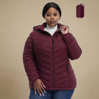 HHE plus size women's packable puffer jacket in burgundy red, warm and comfortable functional outerwear, front view.