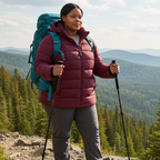HHE plus size women's packable puffer jacket in burgundy red, warm and comfortable functional outerwear, worn outdoors hiking in nature.